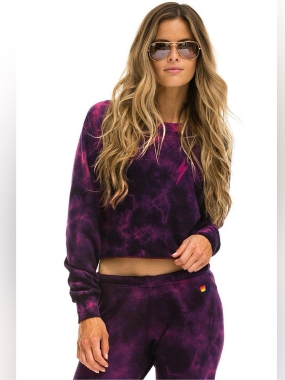 Aviator Nation Bolt Crop Sweatshirt Crystal Rose Hand Dyed - Large - NWT